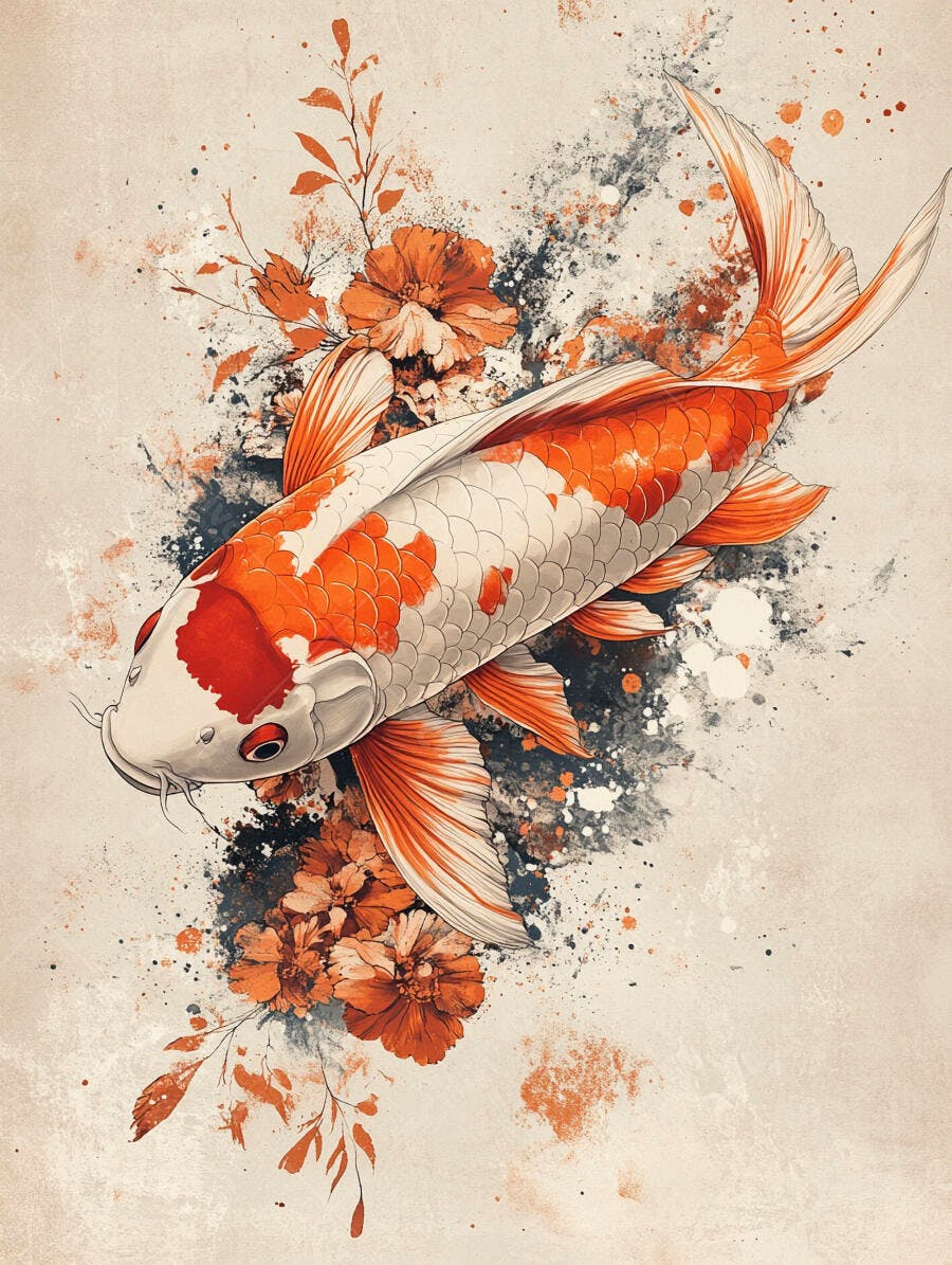 Peixe Koi laranja e branco ilustração floral artística estilo japonês