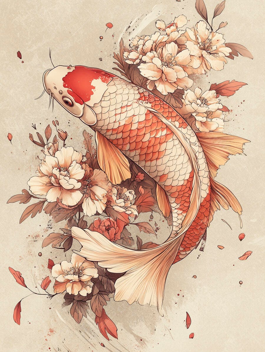 Peixe Koi laranja e vermelho nadando entre flores em ilustração aquarela