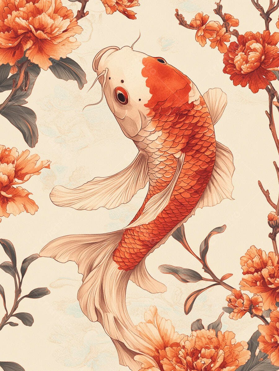 Peixe Koi branco e laranja nadando entre flores em estilo asiático tradicional