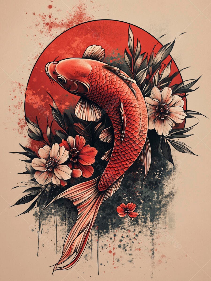 Peixe Koi vermelho em ilustração aquarela com flores e sol japonês
