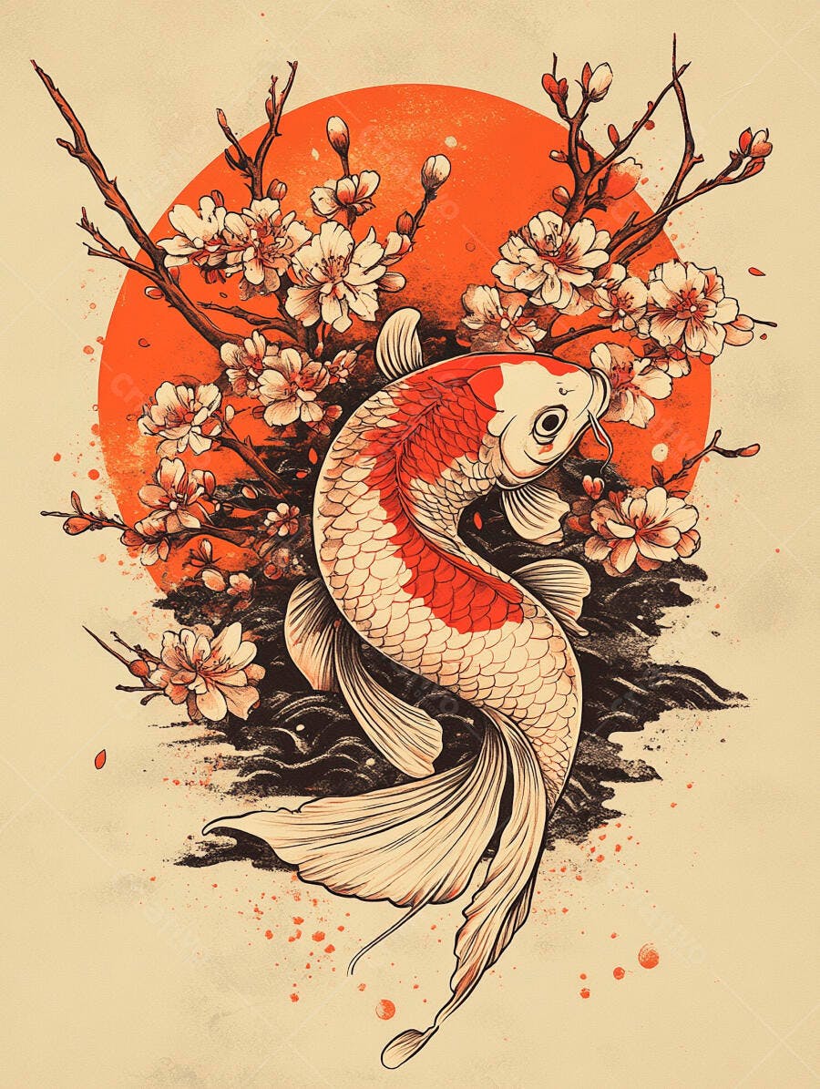 Peixe Koi vermelho e branco com flores de cerejeira e sol nascente