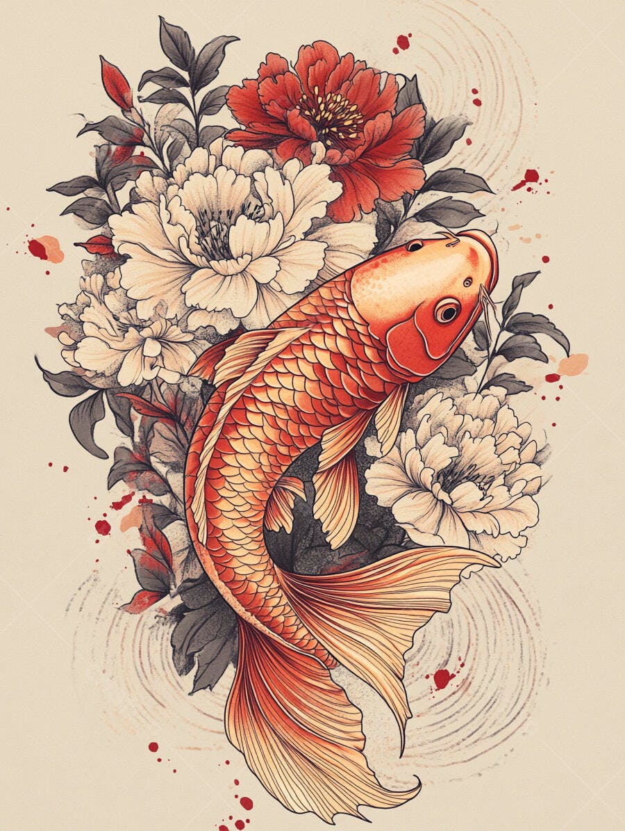 Carpa Koi laranja e vermelha com peônias brancas e folhas escuras ilustração