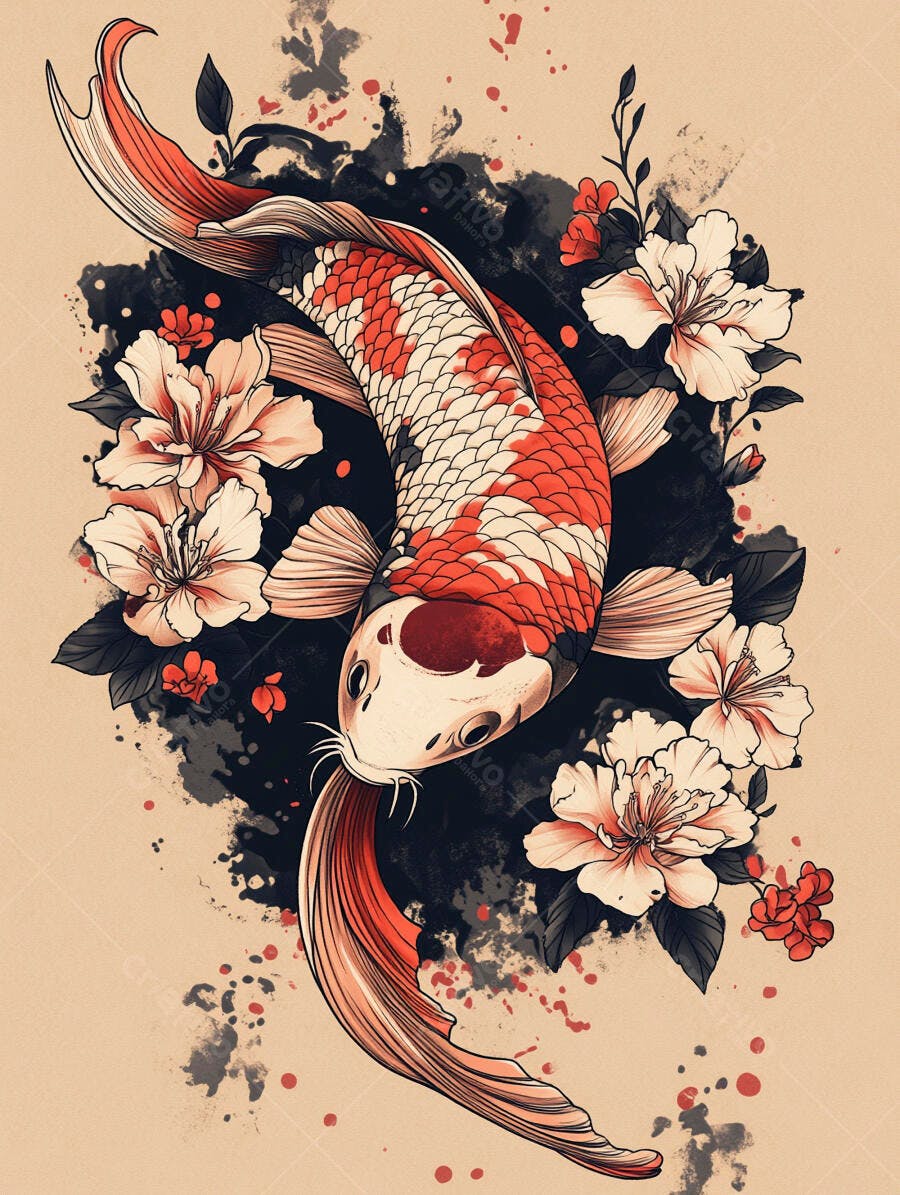 Carpa Koi vermelha e branca rodeada por flores em estilo japonês e aquarela