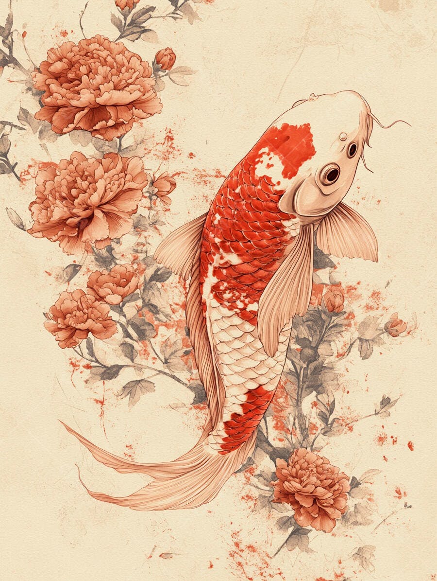 Carpa Koi vermelha e branca com peônias em ilustração oriental vintage