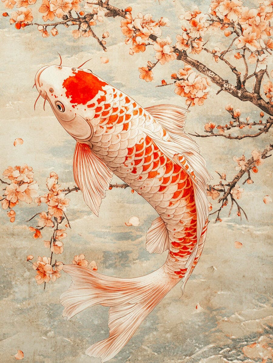 Peixe Koi laranja e branco nadando sob galho de cerejeira florescendo em aquarela