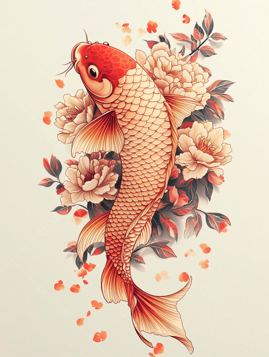 Peixe Koi vermelho e laranja com flores de peônia em ilustração japonesa tradicional