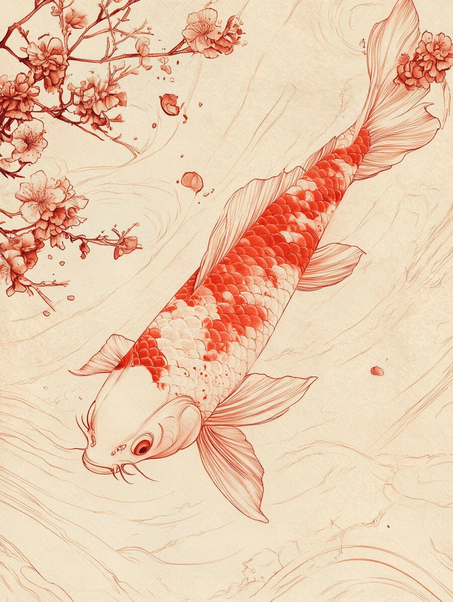 Peixe Koi vermelho e branco nadando com flores de cerejeira ilustração japonesa