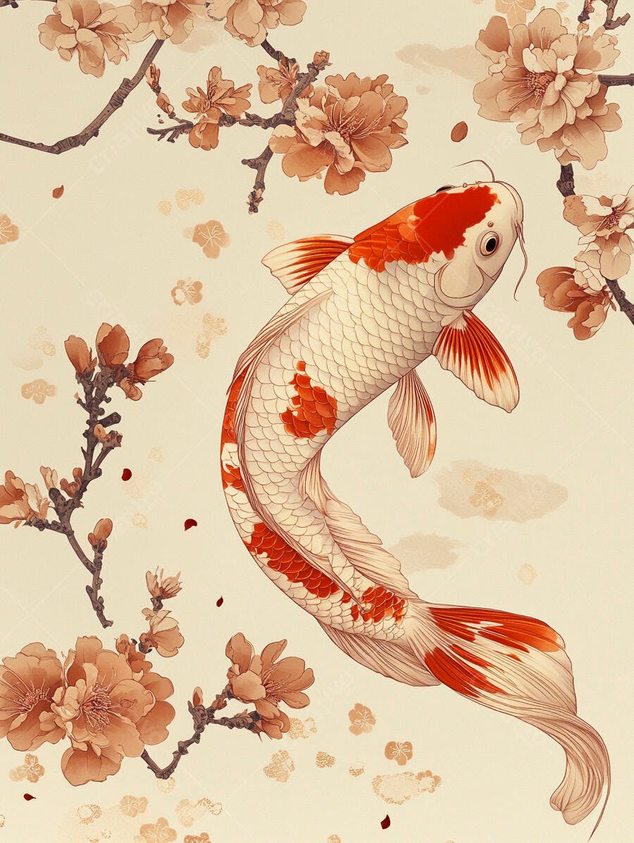 Carpa Koi branca e vermelha nadando entre flores de cerejeira