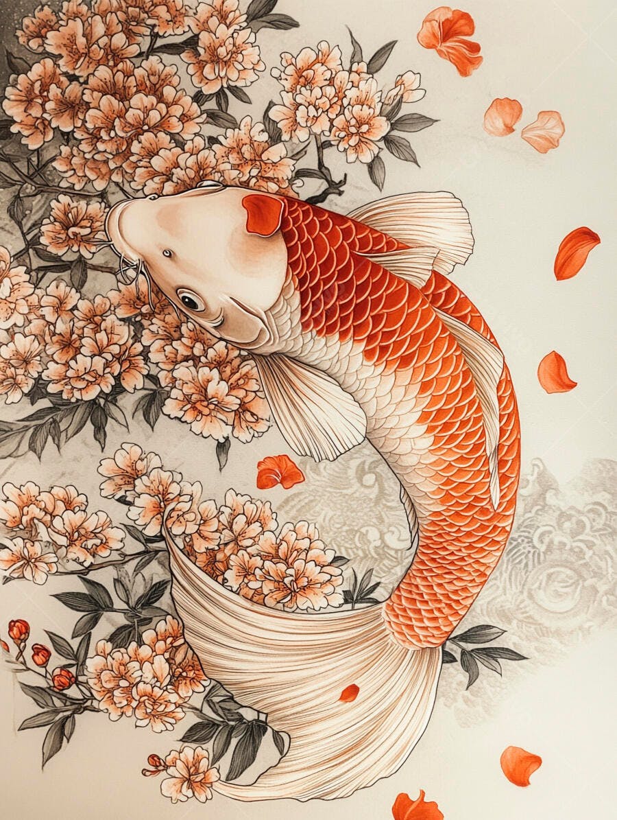 Peixe koi laranja e branco nadando entre flores cor de pêssego arte oriental