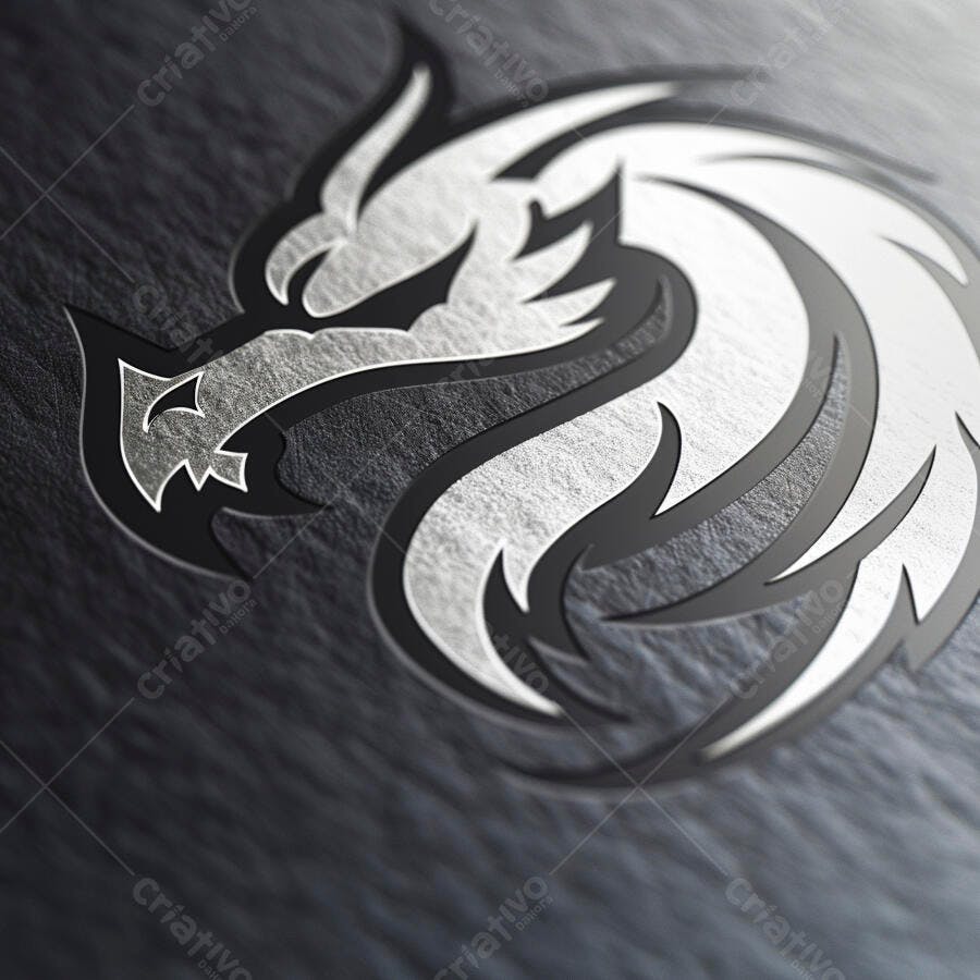 Dragão logo preto e prata em superfície texturizada metálica