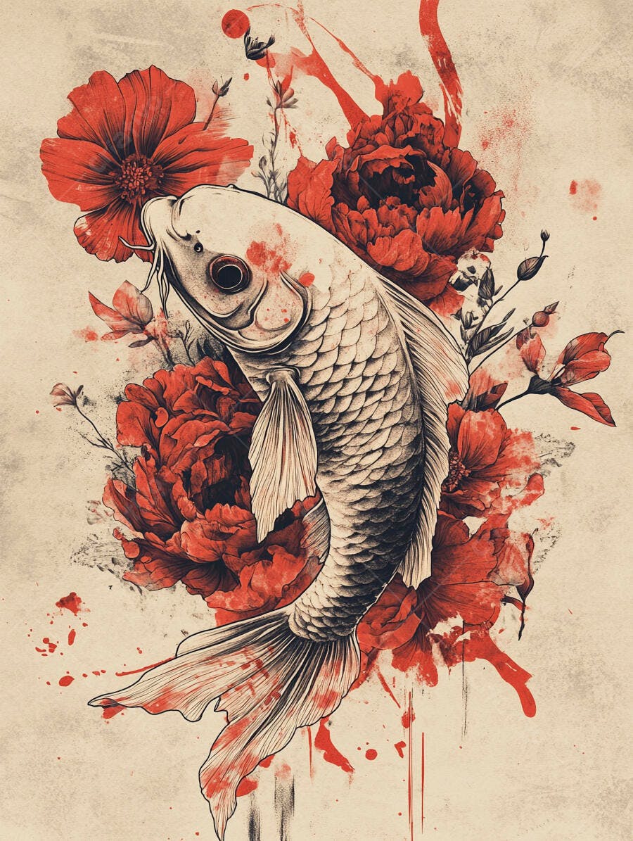 Peixe Koi branco e preto com peônias vermelhas em arte estilo japonês