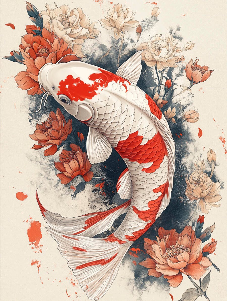 Carpa Koi branca e vermelha com flores peônia estilo japonês