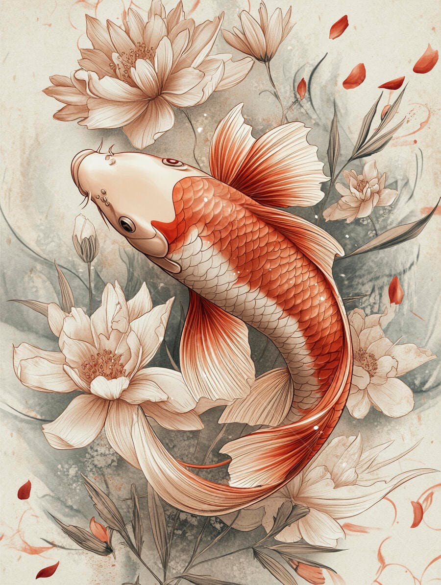 Peixe Koi laranja e branco nadando entre flores de lótus e pétalas vermelhas