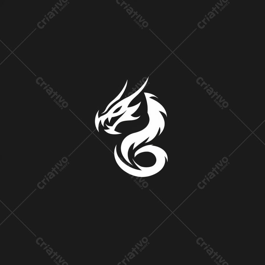 Dragão logo branco estilizado em fundo preto símbolo de poder e fantasia