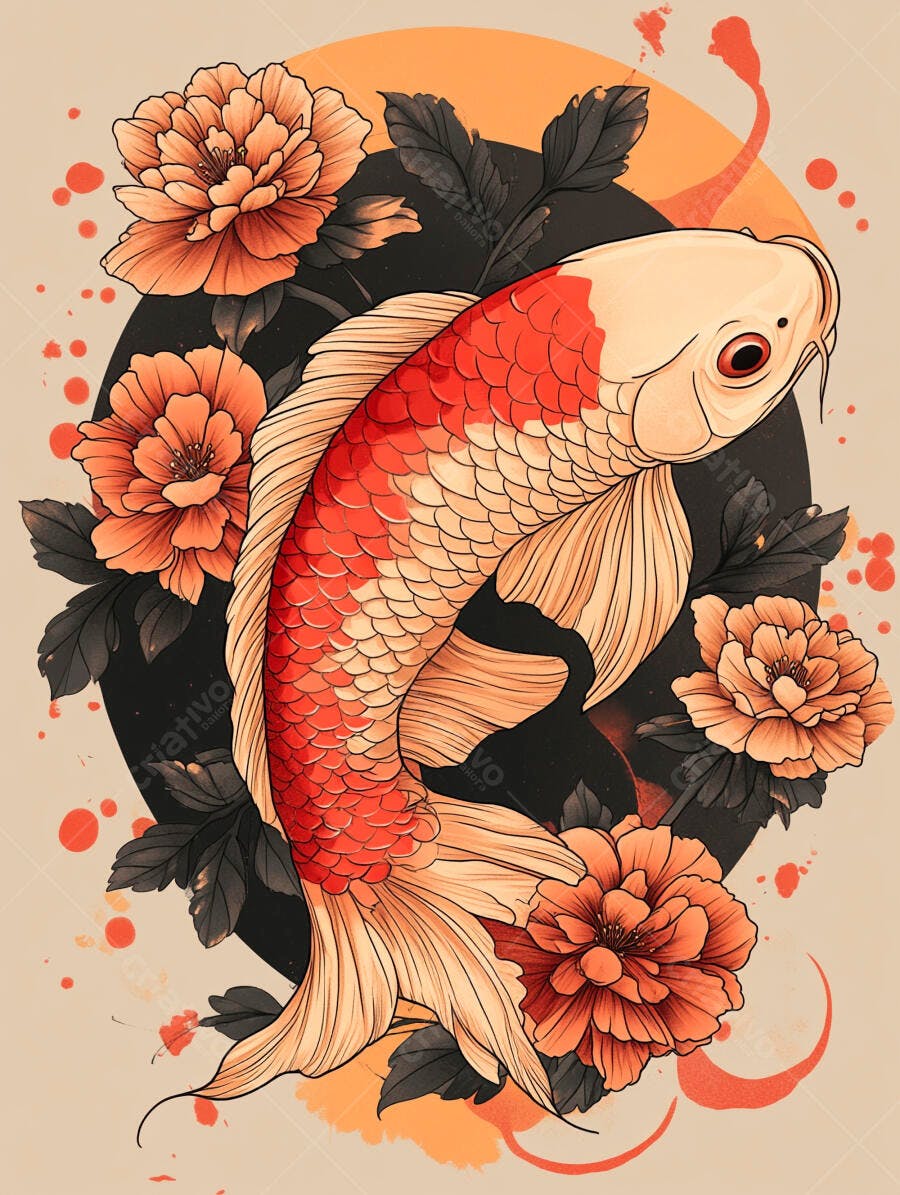 Carpa koi laranja e branca com flores de peônia estilo japonês
