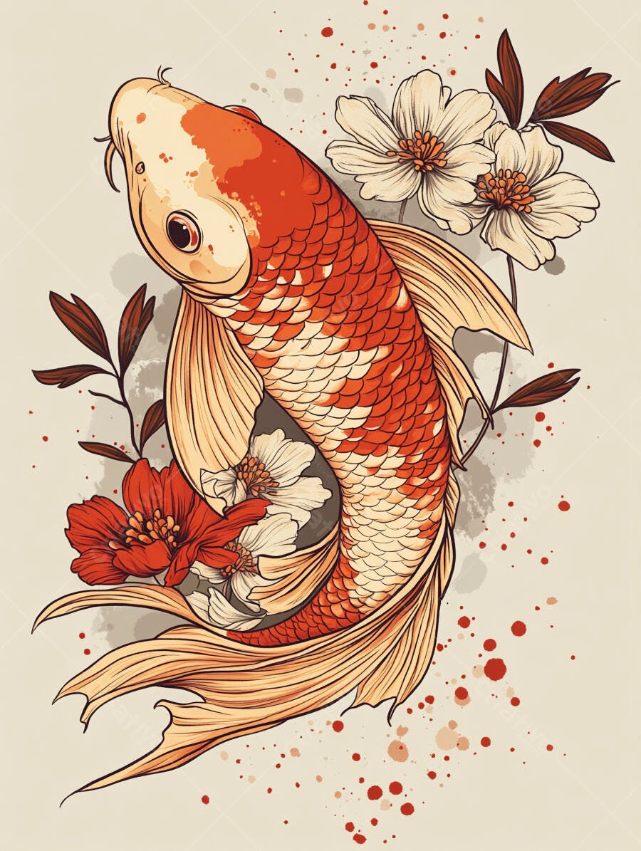 Peixe Koi laranja e branco em estilo japonês com flores e folhas ilustração