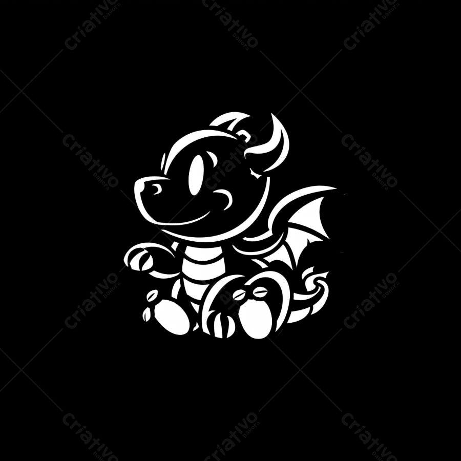 Dragão bebê fofo desenho animado branco e preto sorrindo ilustração minimalista