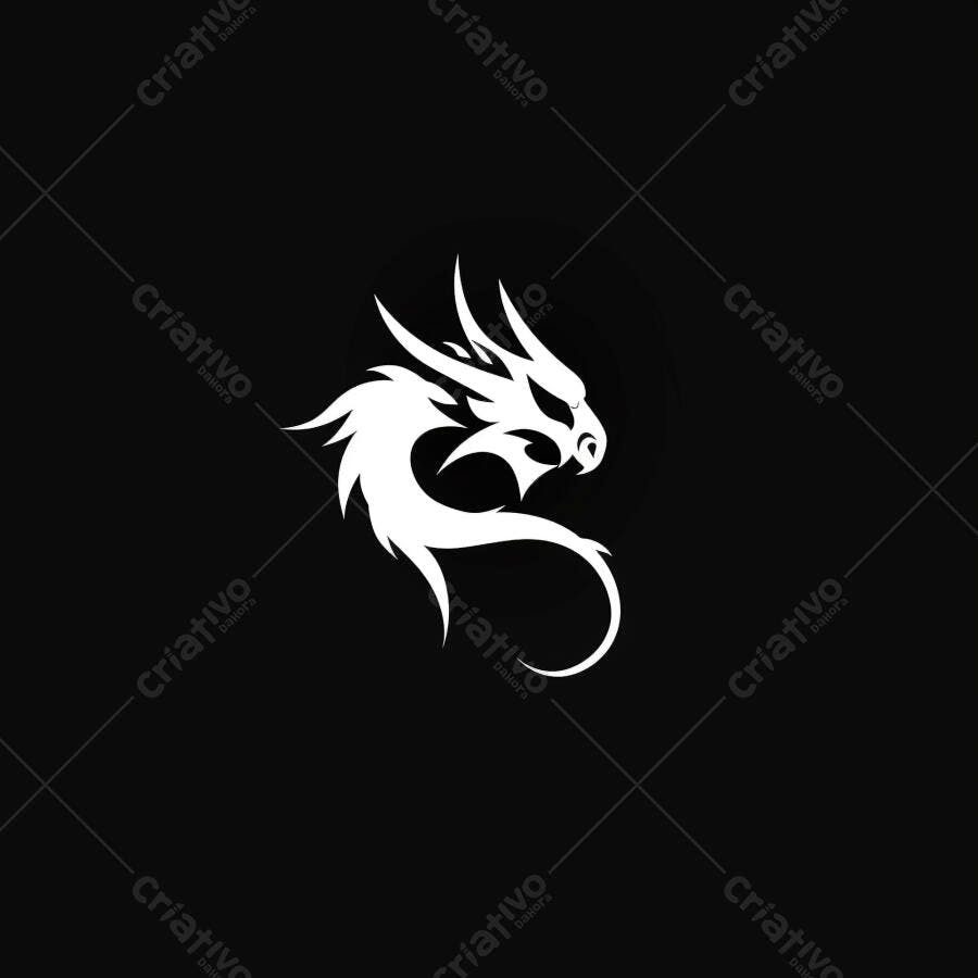 Logotipo de dragão branco minimalista em fundo preto para jogos