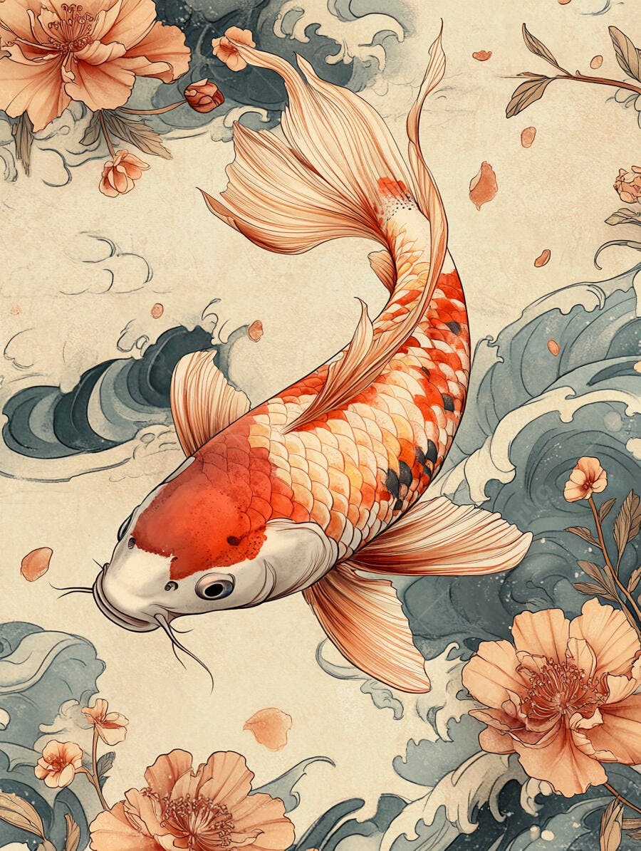 Peixe Koi laranja e vermelho nadando em ondas com flores asiáticas
