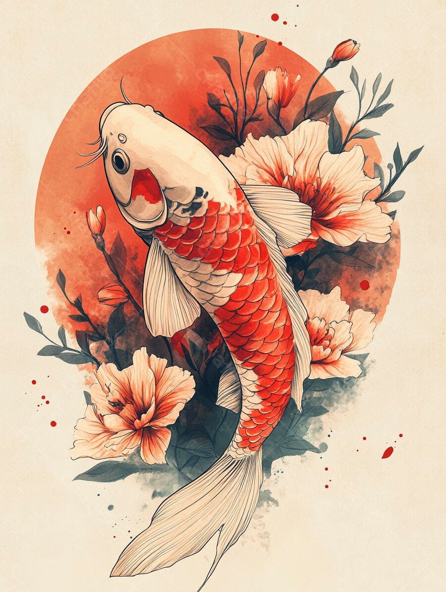 Peixe Koi branco e vermelho com flores orientais em círculo laranja aquarela
