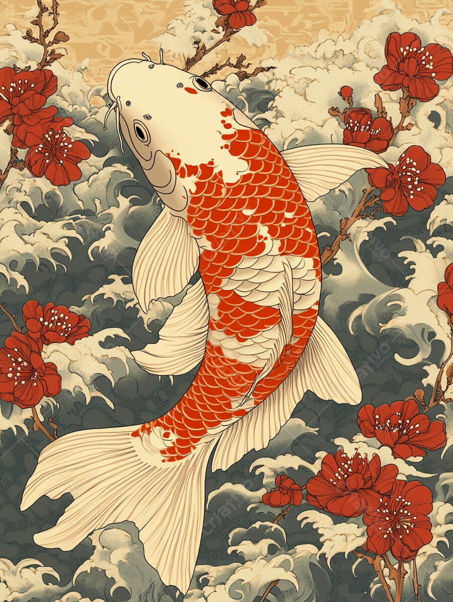 Peixe Koi branco e vermelho nadando entre ondas e flores de cerejeira