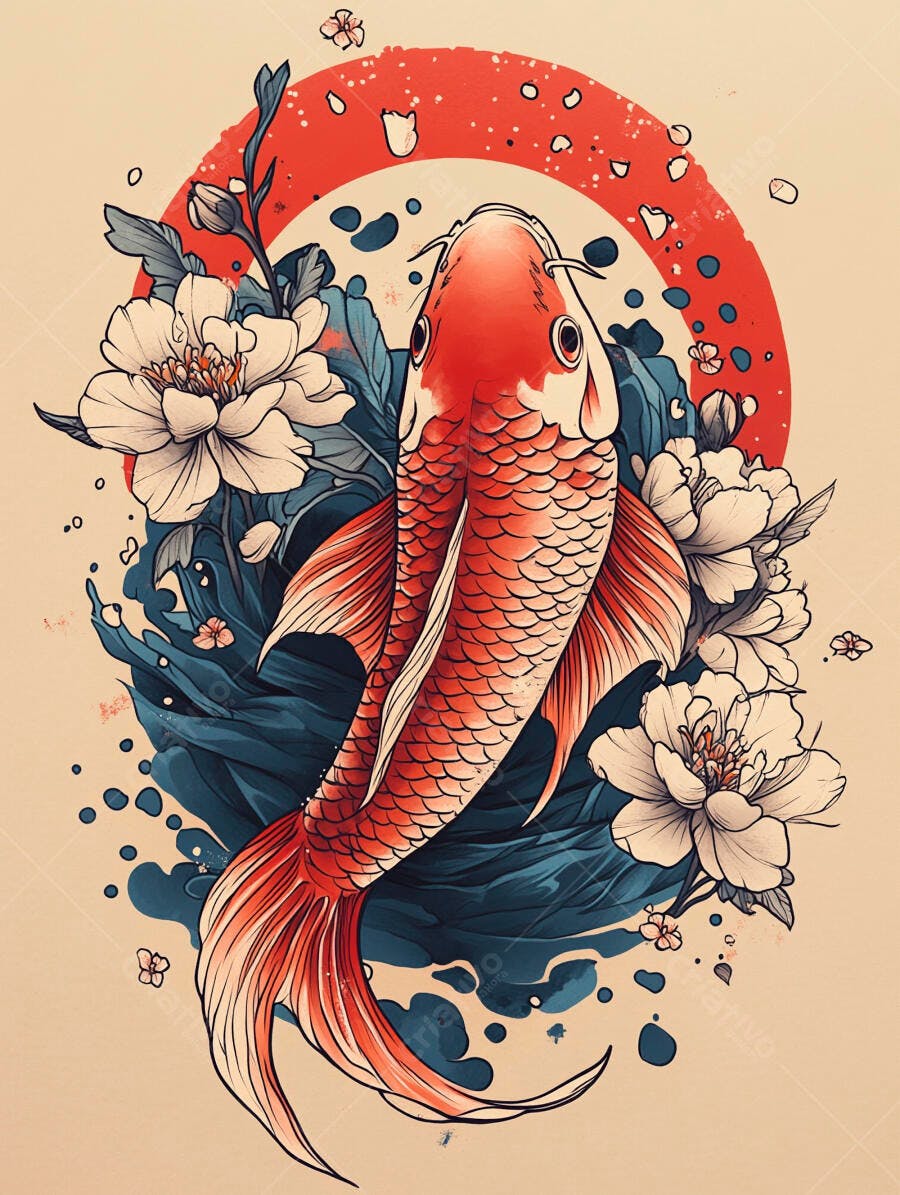 Peixe koi vermelho e branco com flores brancas em ilustração japonesa