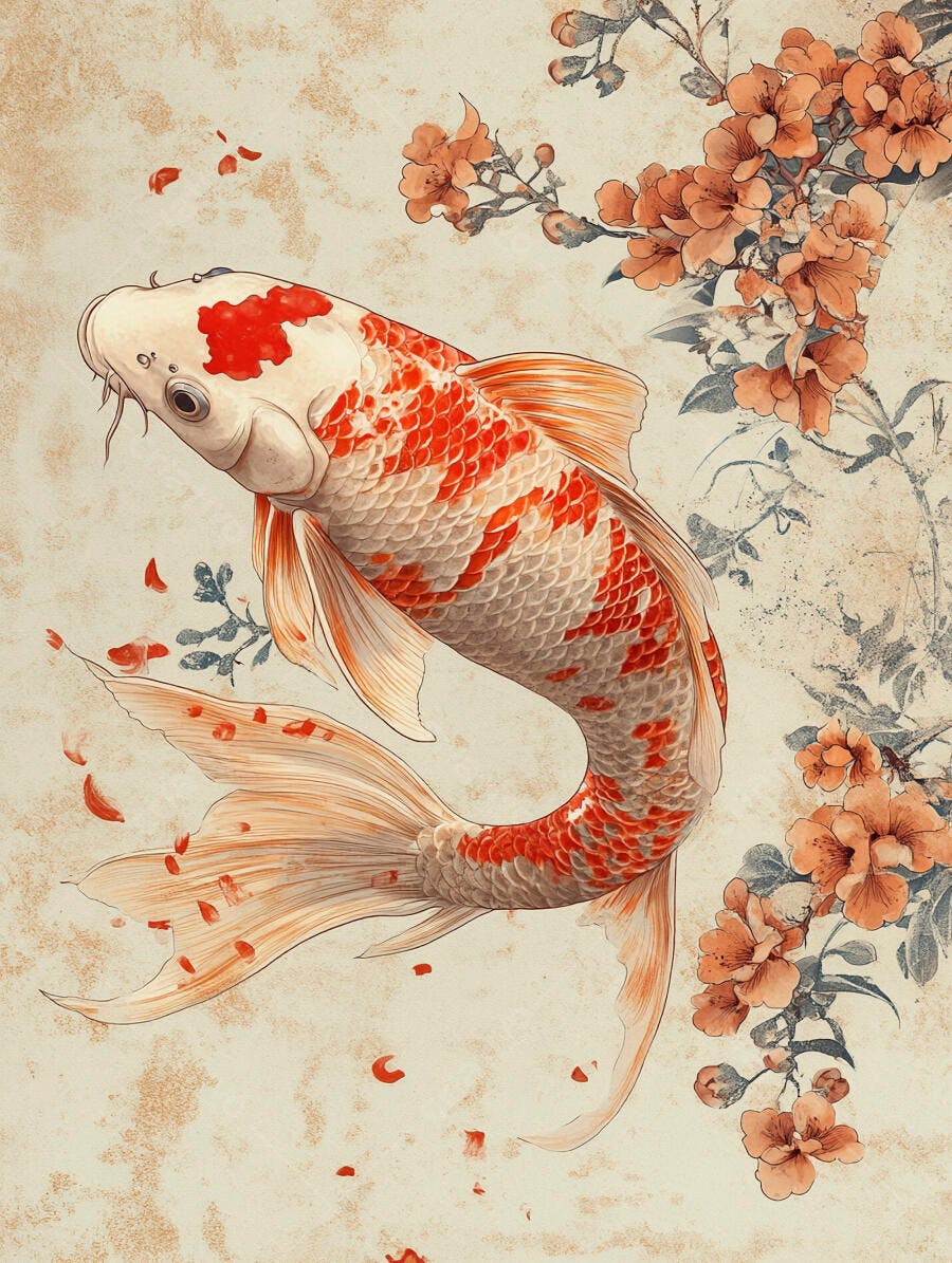Peixe koi vermelho e branco nadando com flores de cerejeira em fundo bege