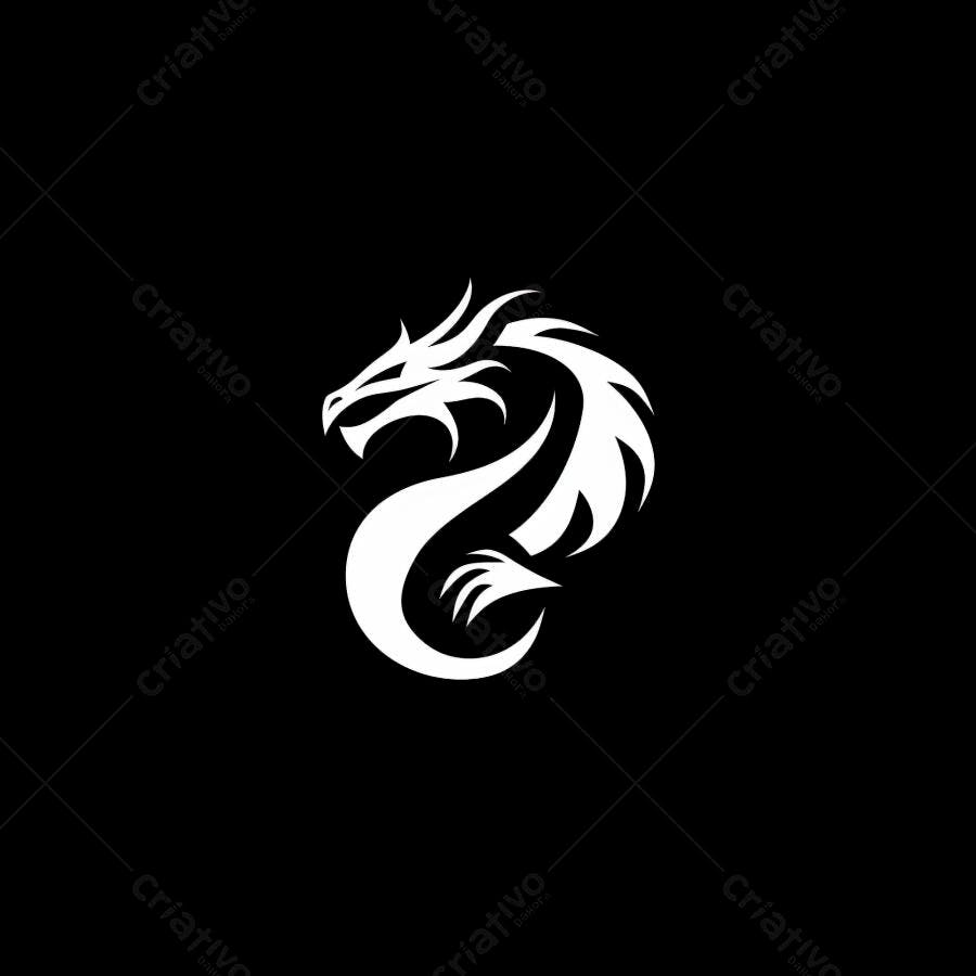 Dragão branco estilizado logo design poderoso criatura mítica em fundo escuro