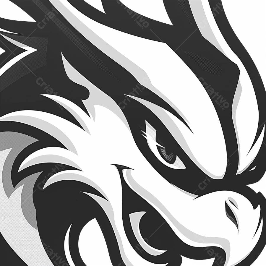 Cabeça de dragão feroz estilizada em preto e branco design de logo esportivo