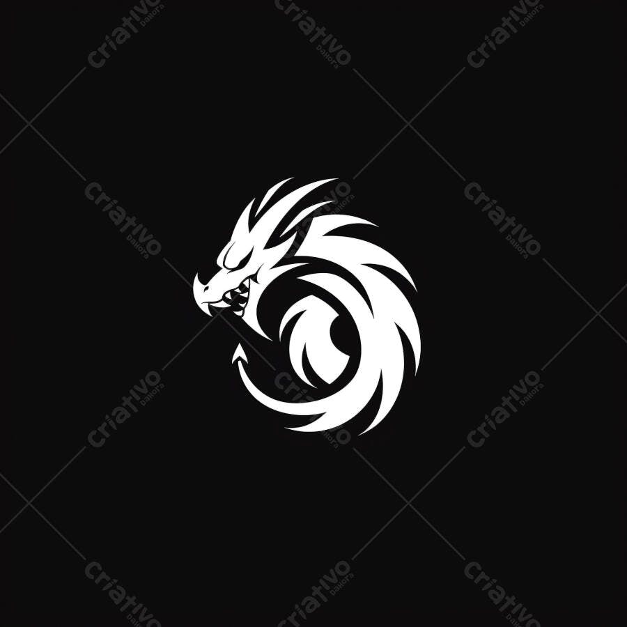 Dragão branco estilizado logo design digital fundo preto