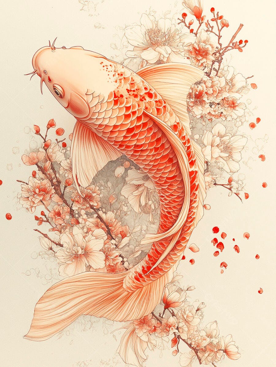Peixe Koi laranja nadando entre flores de cerejeira e pétalas caindo