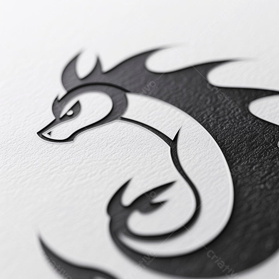 Dragão estilizado preto branco textura papel relevo design gráfico
