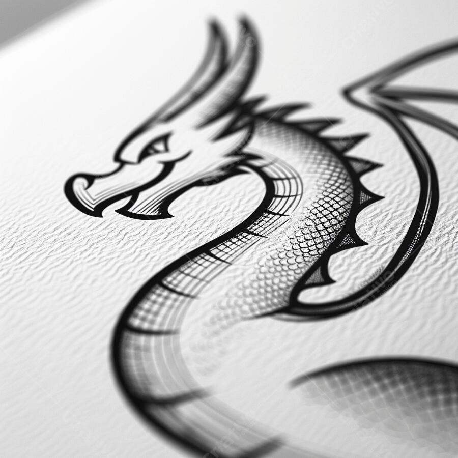 Desenho de dragão minimalista preto e branco em papel texturizado