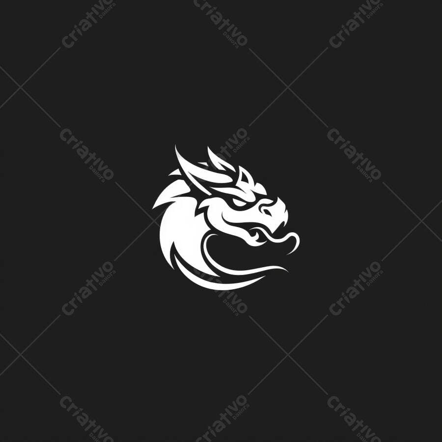 Dragão branco logo estilizado em fundo preto design moderno