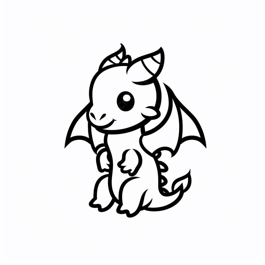 Dragão bebê fofo ilustração de linha preta e branca sentado
