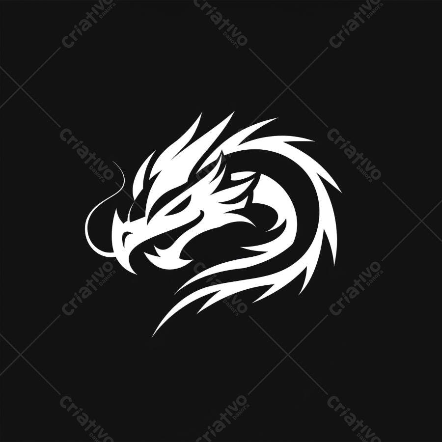 Dragão branco estilizado ícone símbolo minimalista fundo preto