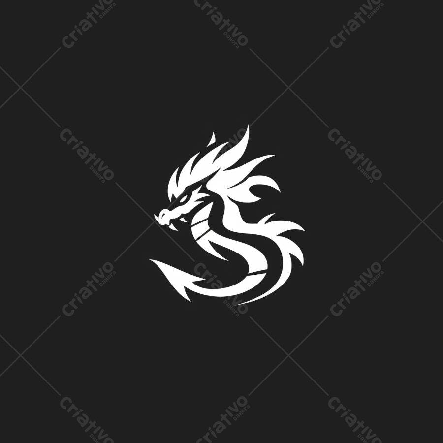 Dragão estilizado branco logo sobre fundo preto para design gráfico