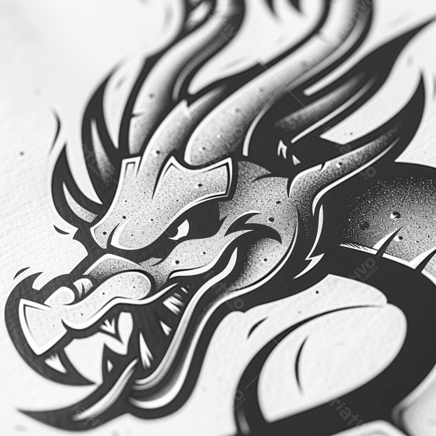 Dragão com cabeça feroz e chifres grandes ilustração em preto e branco