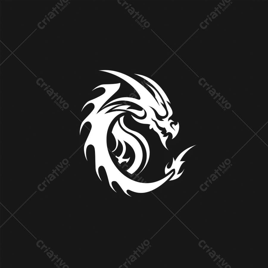 Dragão branco estilizado logotipo em fundo preto design gráfico forte