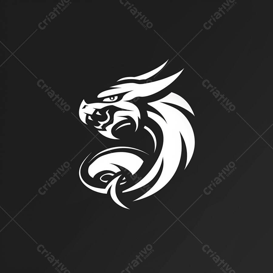 Dragão estilizado branco logo mascote e-sports gaming fundo preto