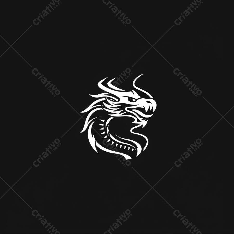 Dragão branco estilizado logo minimalista em fundo preto