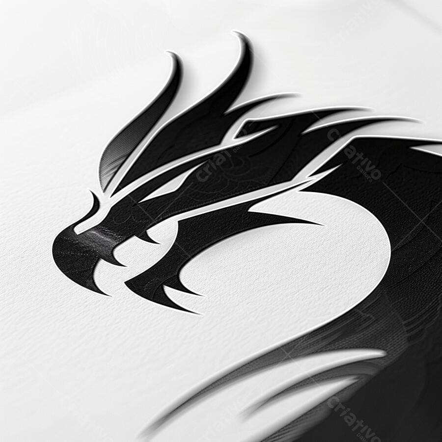Dragão imponente logo preto e branco em papel texturizado design minimalista