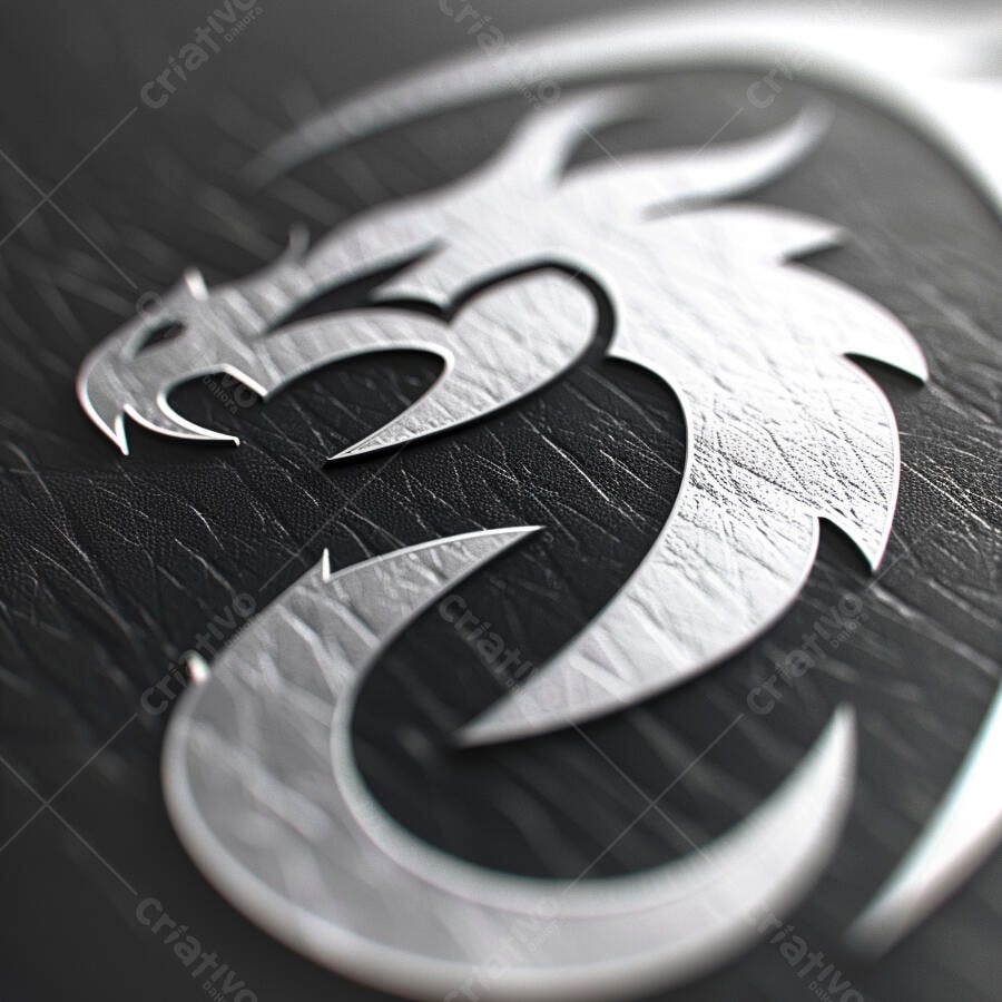 Logotipo de dragão prateado metálico em relevo sobre fundo texturizado escuro