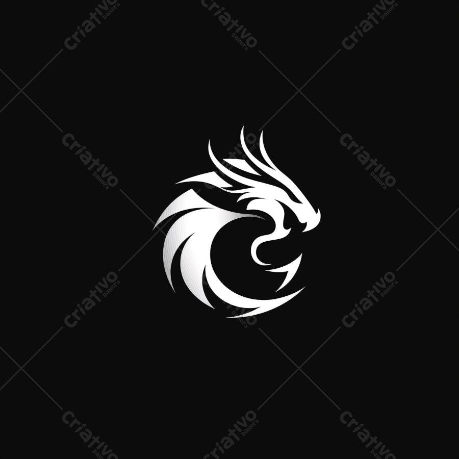 Dragão branco estilizado logo em fundo preto com traços modernos
