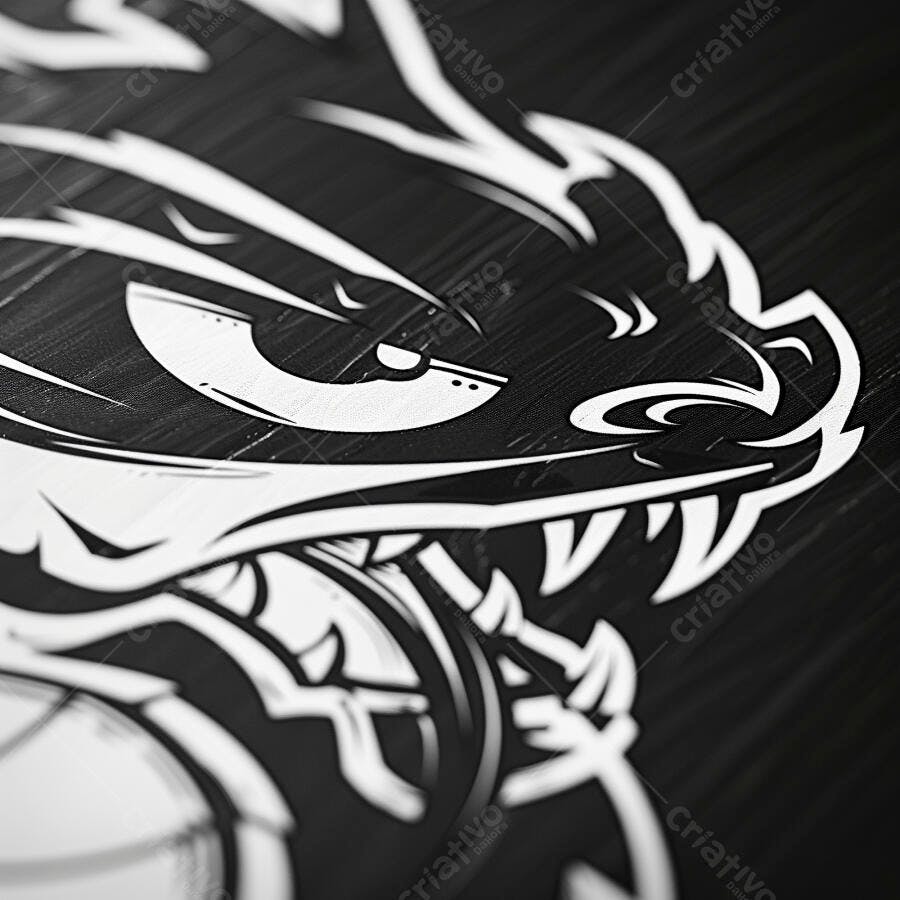 Cabeça de dragão branca e preta estilo logo gráfico com olhar intenso