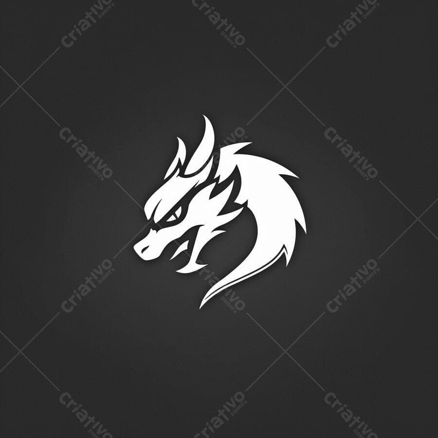 Logo de cabeça de dragão branco agressivo em fundo escuro