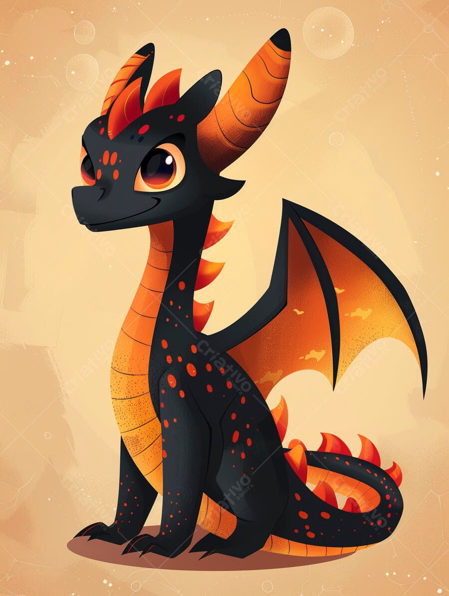 Dragão fofo preto e laranja sentado ilustração digital amigável