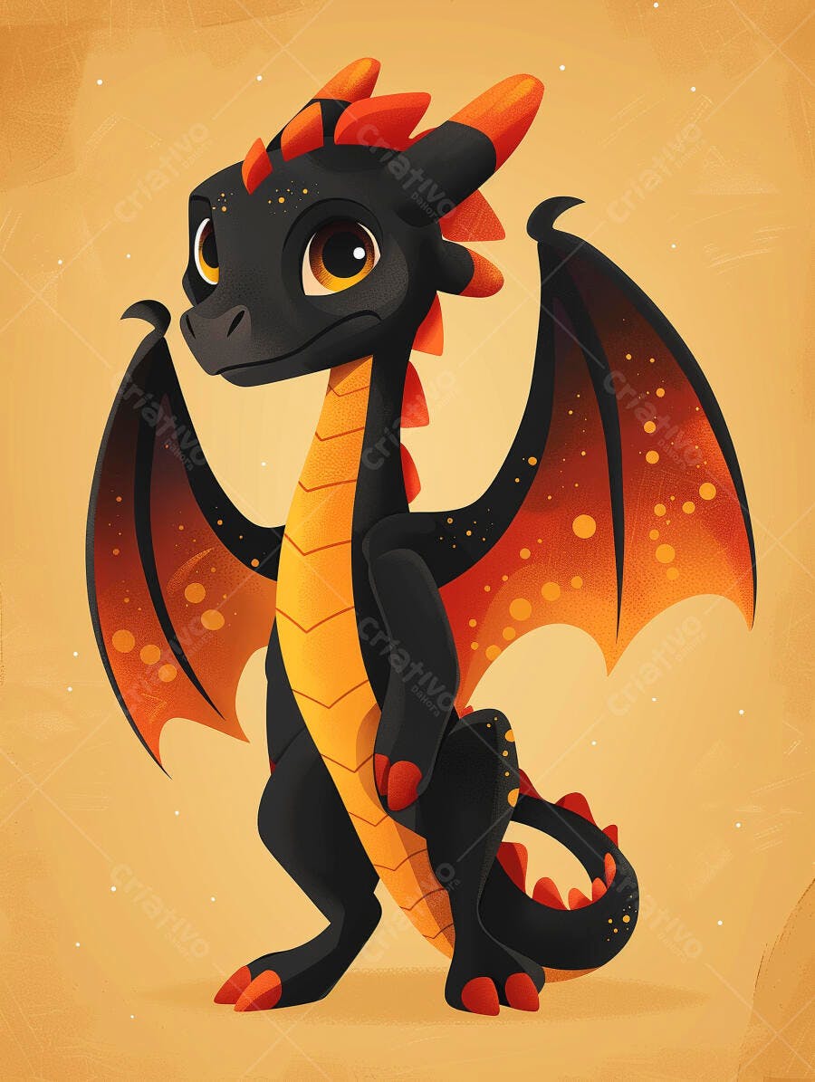 Dragão fofo preto e laranja em estilo desenho animado com asas abertas