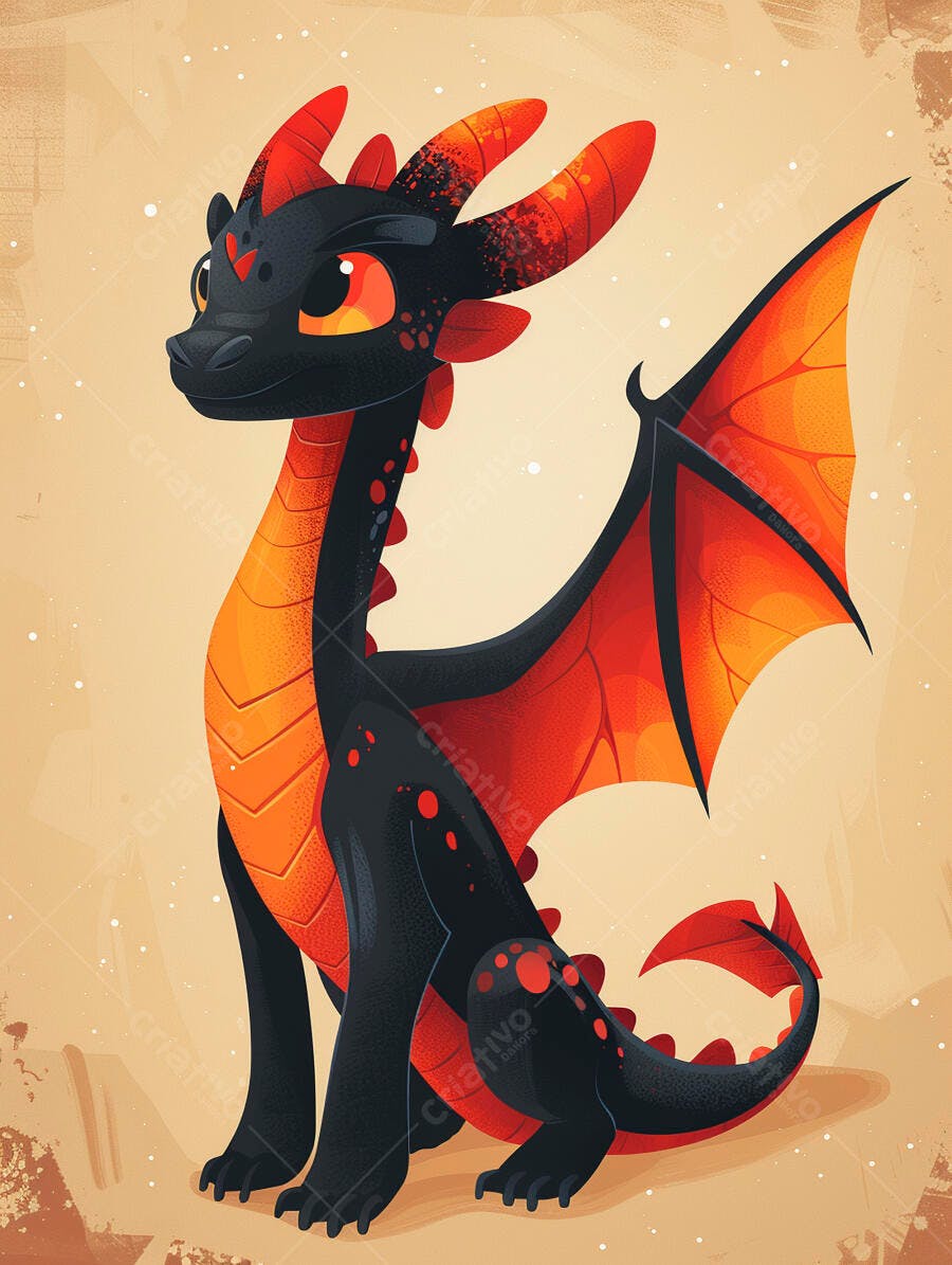 Dragão fofo preto e laranja sentado ilustração infantil