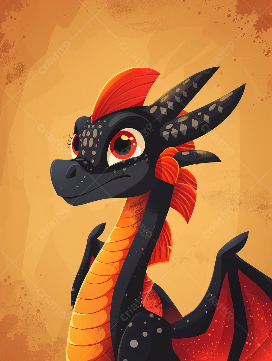 Dragão preto e laranja com olhos vermelhos em estilo desenho animado